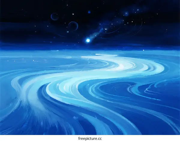 A Vast Blue Cosmic Ocean with Swirling Waves and Distant Stars
