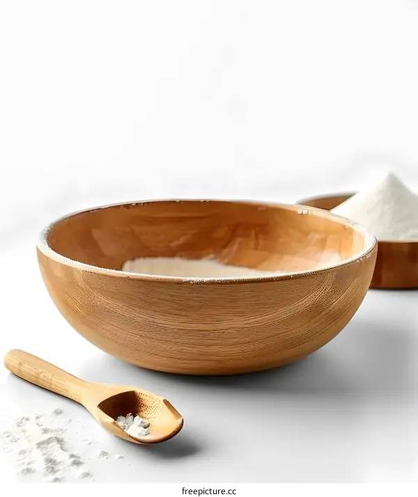 A wooden bowl with a wooden spoon and white powder