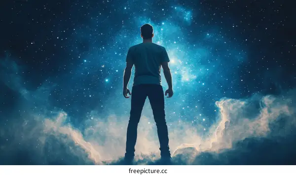 Man Standing on Clouds Gazing at the Starry Night Sky