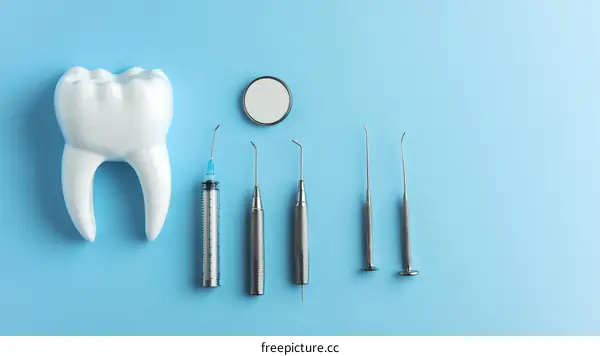 Dental tools and tooth model on a light blue background