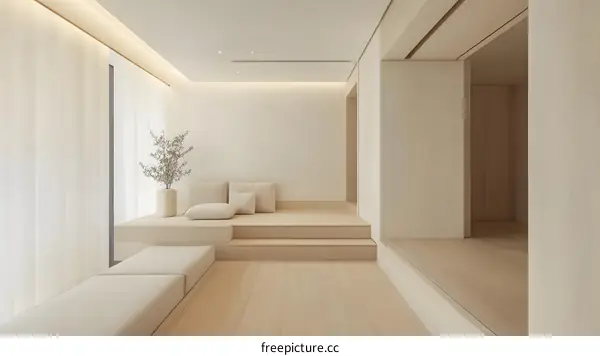 Minimalist Interior Design with Wooden Platform and White Curtains