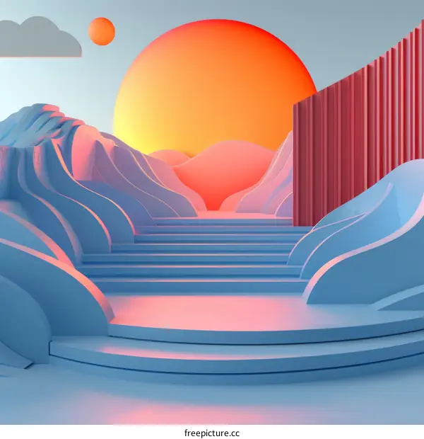 Dreamy Blue and Pink Abstract Landscape with a Large Sun and Clouds