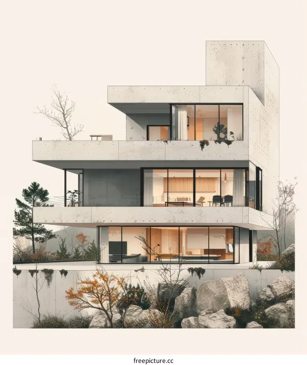 A Modern Concrete House with Large Glass Windows Overlooking a Rocky Cliff