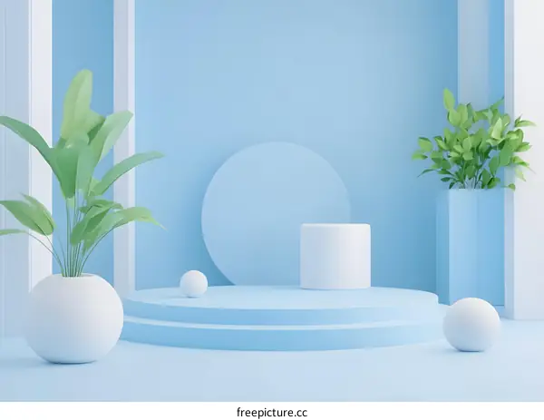 Blue Minimalist 3D Render of Cylinder Podium with Two Plants and White Background