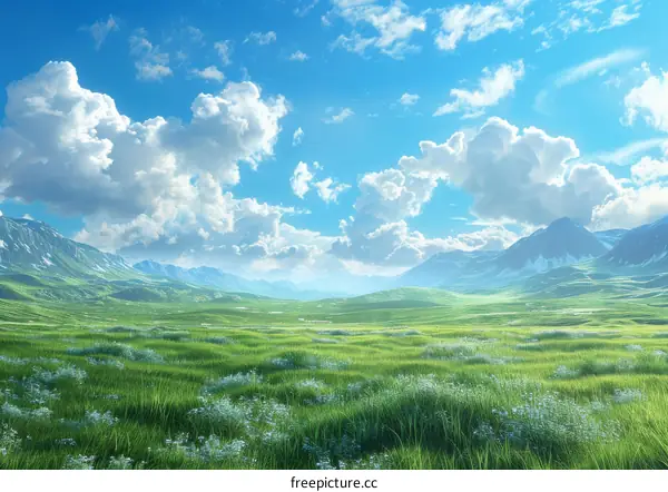 Vast Green Meadow Scenery Under Blue Sky