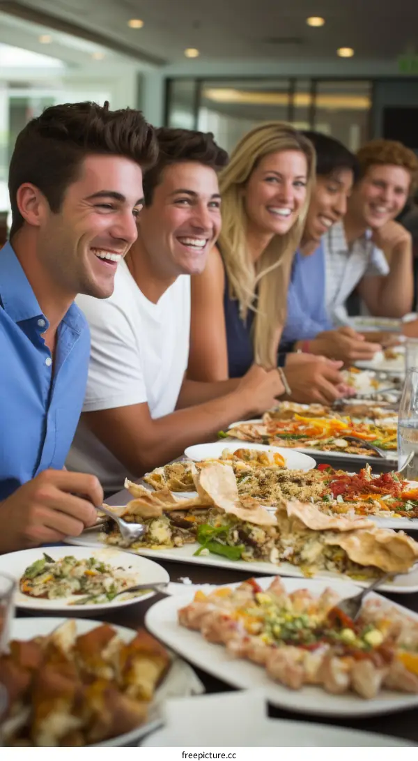 Multi-ethnic group of friends eating a large meal together at a restaurant