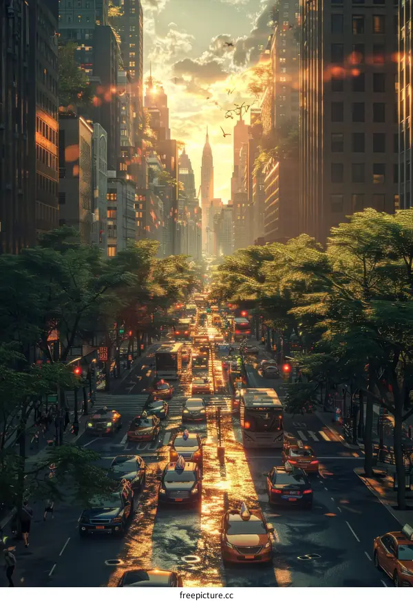 Urban Street Scene: Cars and Skyscrapers