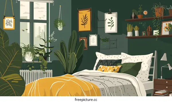 Green Bedroom With Plants And Yellow Blanket