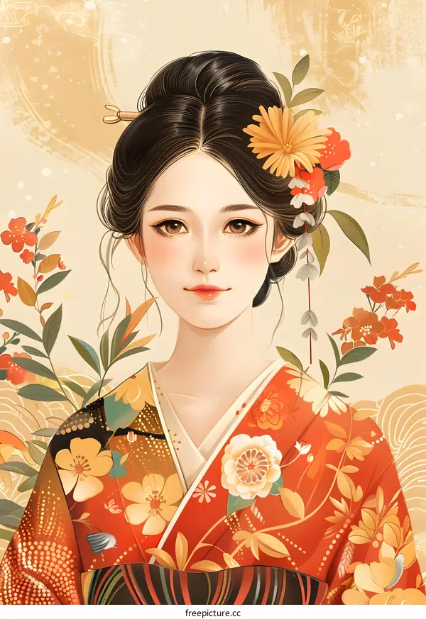 A beautiful Japanese woman in a kimono with flowers in her hair