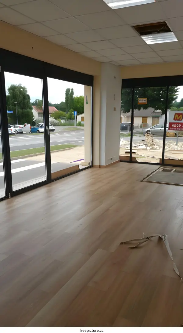 Empty Commercial Space with Laminate Flooring and Large Windows