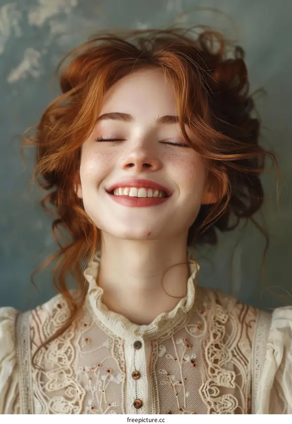 Portrait of a smiling redheaded woman in a vintage dress