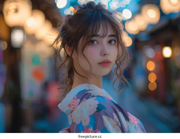 Asian Woman in Traditional Japanese Dress at Night