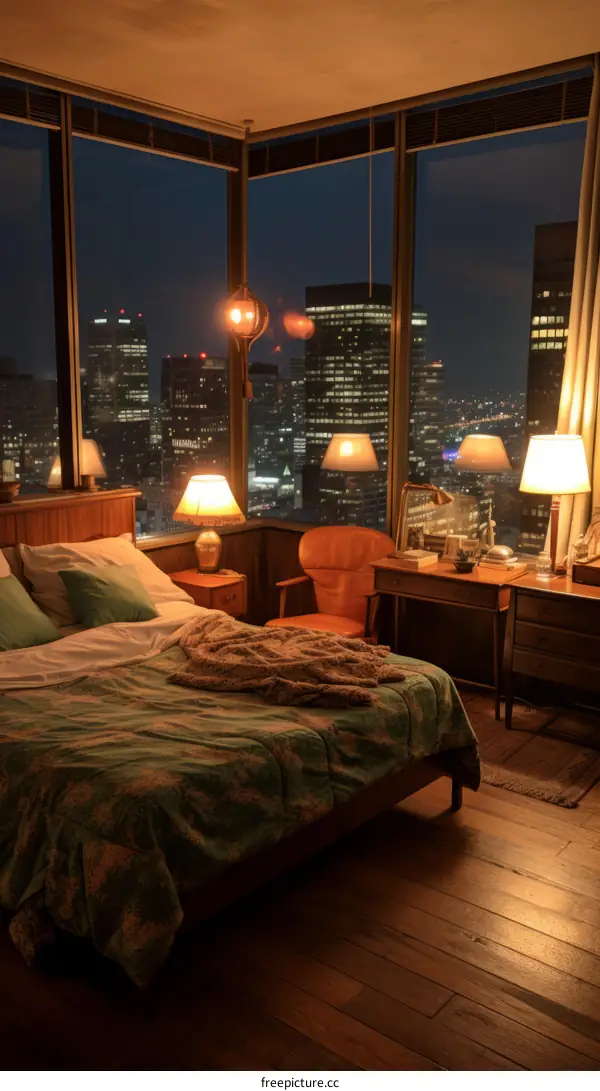 A cozy bedroom with a view of the city at night