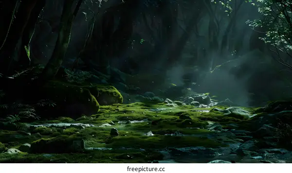 Dark Green Forest with Sunlight Shining Through the Trees