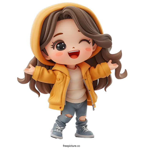 [Transparent Background PNG]A cute cartoon girl with long brown hair and blue eyes wearing a yellow hoodie and jeans