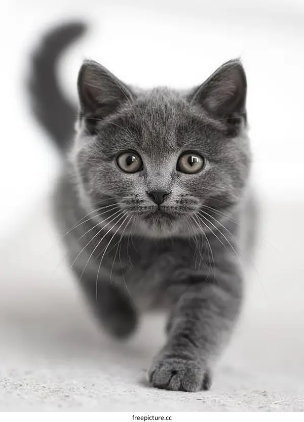 A Curious Gray Kitten Walking Towards the Camera