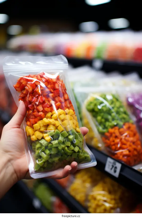 A hand holding a bag of chopped bell peppers in a grocery store