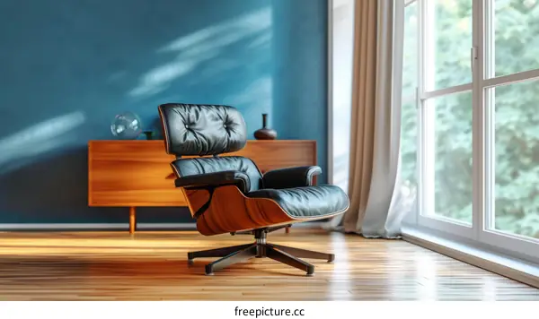 A mid-century modern style brown leather armchair in a room with blue walls and a large window