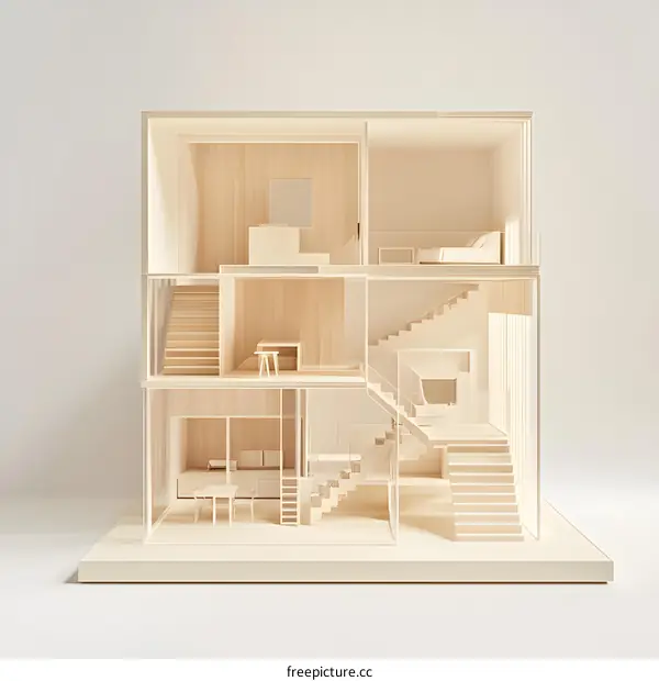 Wooden Model of a Two Story House with Interior Details