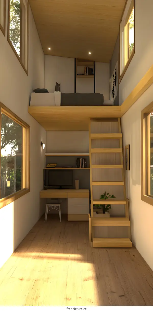 Modern Minimalist Loft Design with Wooden Ladder