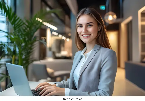 Young Businesswoman Working on Laptop in Modern Office