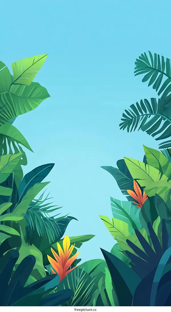 Tropical Leaves and Blue Sky Summer Background