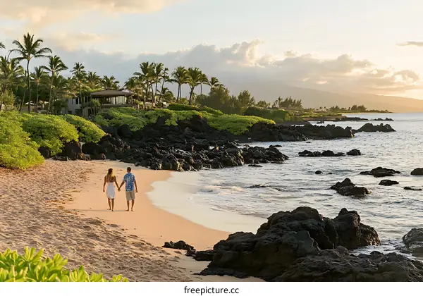 Couple Walking Hand in Hand on Tropical Beach at Sunset