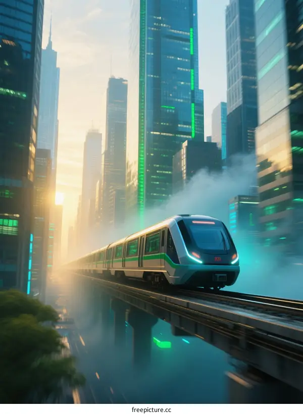 Elevated Train Moving Through Modern City with Skyscrapers