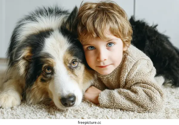 Child and Dog Close Embrace on a Carpet