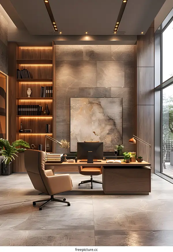 Modern office interior design with wooden wall and marble floor