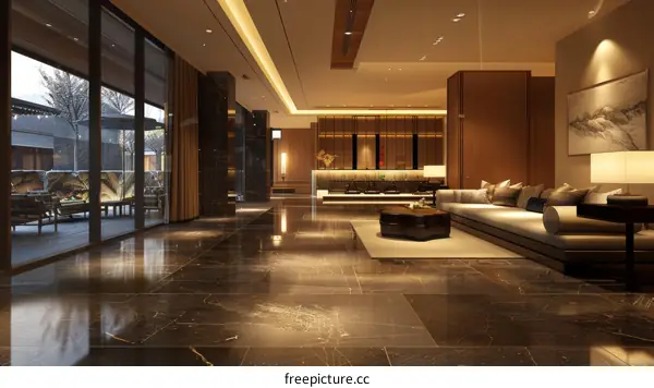 Empty hotel lobby interior with large windows and dark marble floors