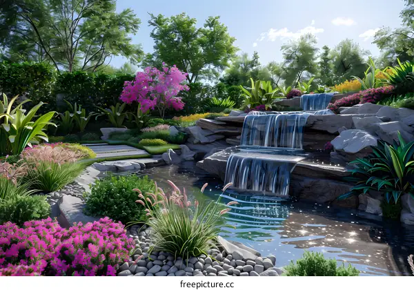 A beautiful garden with a waterfall and a pond