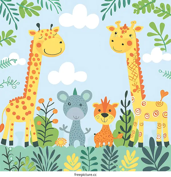 Cute Cartoon Giraffes And Animals Illustration