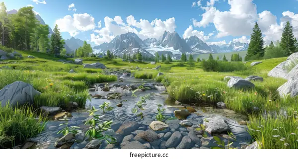 Rocks in a river flowing through a valley with mountains in the distance