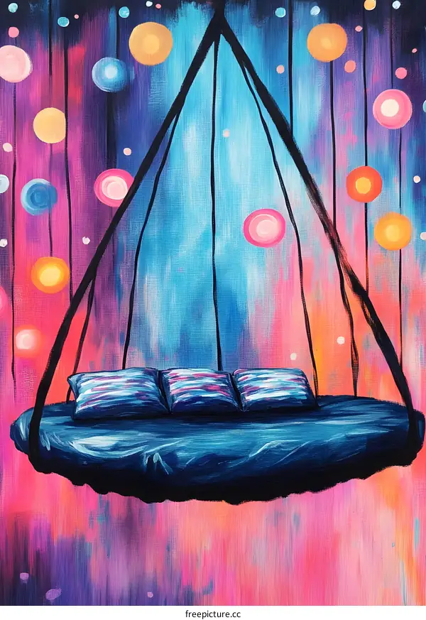 Abstract Painting of Bed Swinging in the Clouds