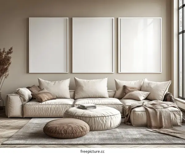 Modern Beige Living Room Mockup with Blank Frames