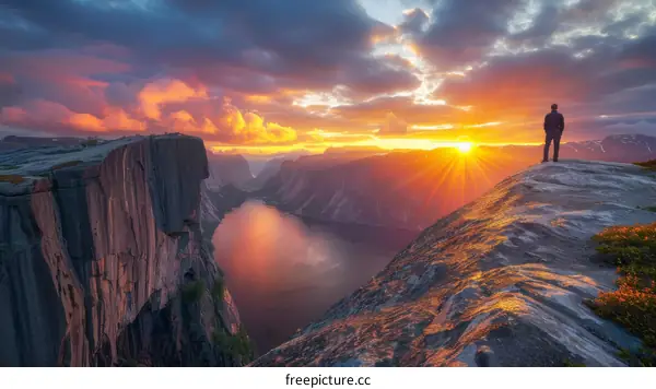 Man standing on top of a mountain overlooking a fjord in Norway