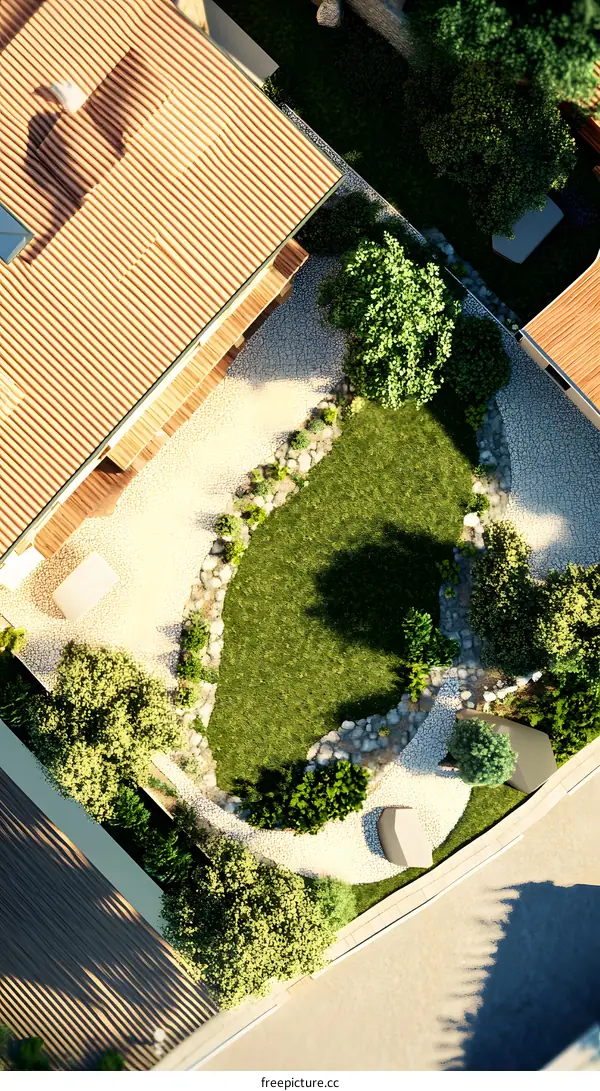 Aerial View of a Modern Backyard with a Grassy Area and Stone Pathways