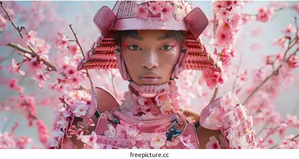 Portrait of a young woman dressed in pink samurai helmet and armor