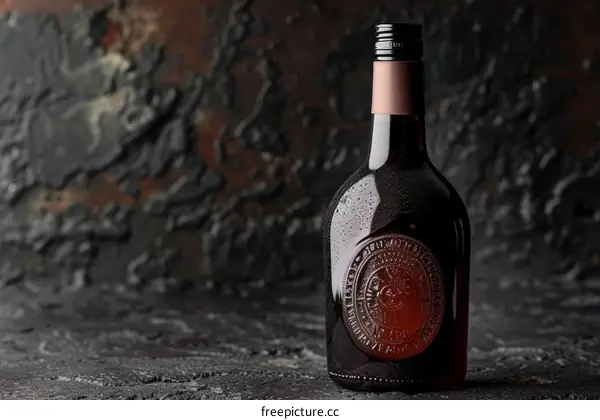 A bottle of dark beer on a dark background