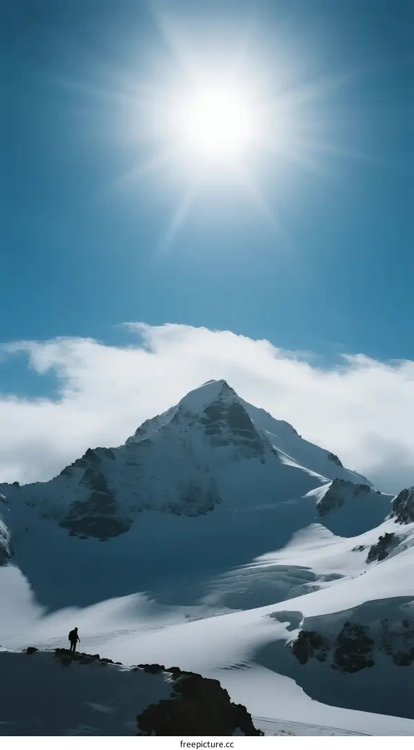 Bright Sunlight Over Snow-Covered Mountain Peak with Hiker