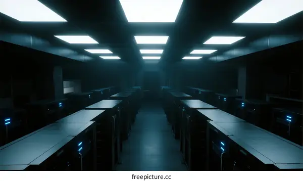 Rows of modern server racks in dark data center with blue lighting