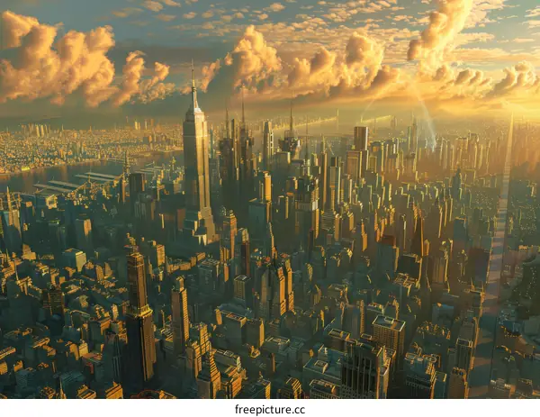 Futuristic Cityscape Aerial View Golden Hour