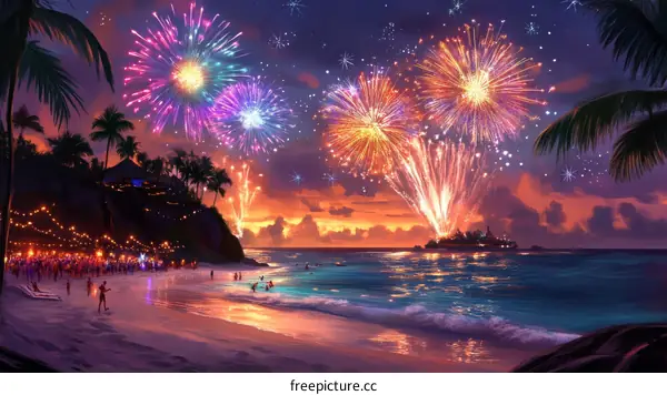 Beach Fireworks Celebration at Sunset