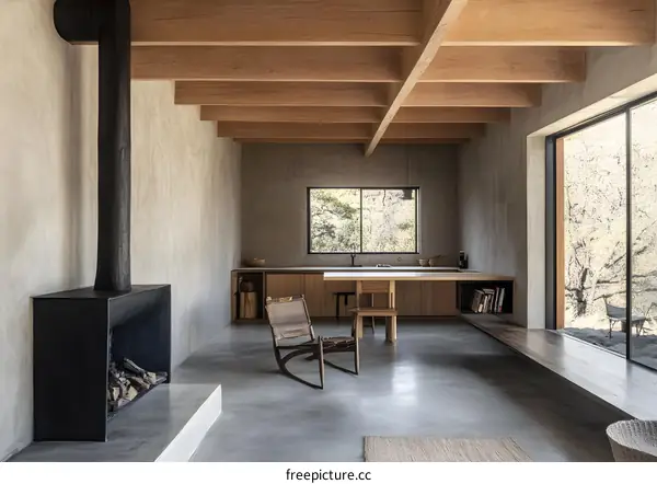 Modern Minimalist Interior Design with Wooden Beams and Concrete Walls