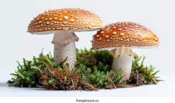 Two red mushrooms with white spots on a bed of green moss