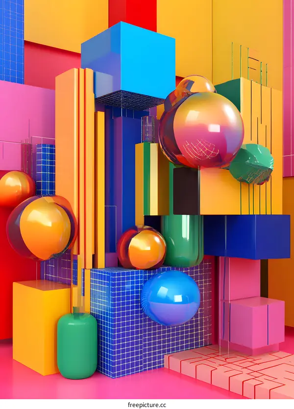 Abstract 3D Render with Colorful Geometric Shapes