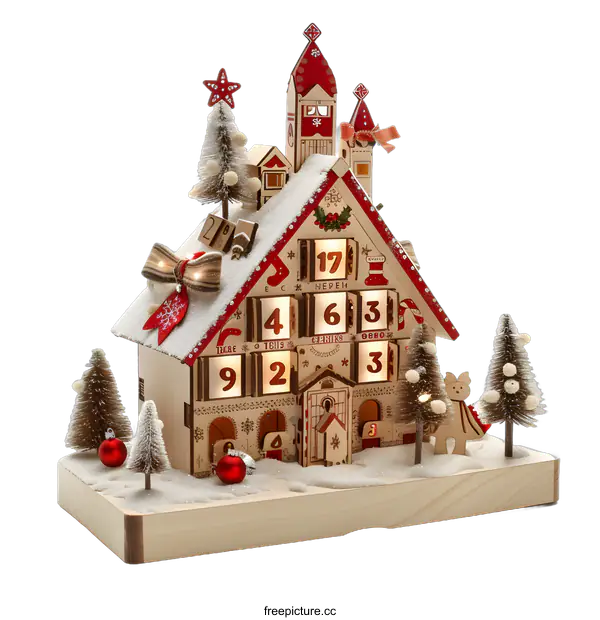 [Transparent Background PNG]Wooden Christmas Advent Calendar House With Lights And Numbers