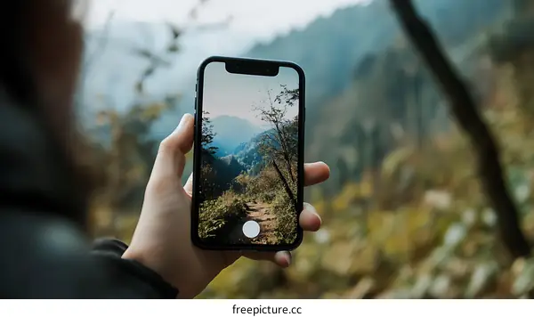 Hand Holding Phone Taking Picture Of Mountain Landscape