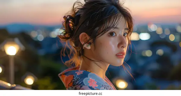 Asian Woman in Kimono at Sunset City View